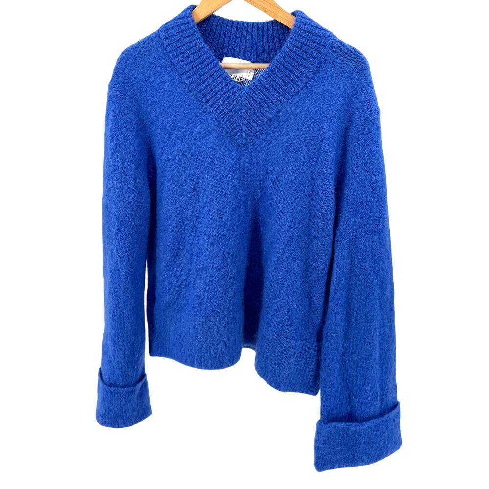 Aligne Cobalt Blue Ribbed V-Neck Wide Cuff Sleeve Pullover Knit Sweater